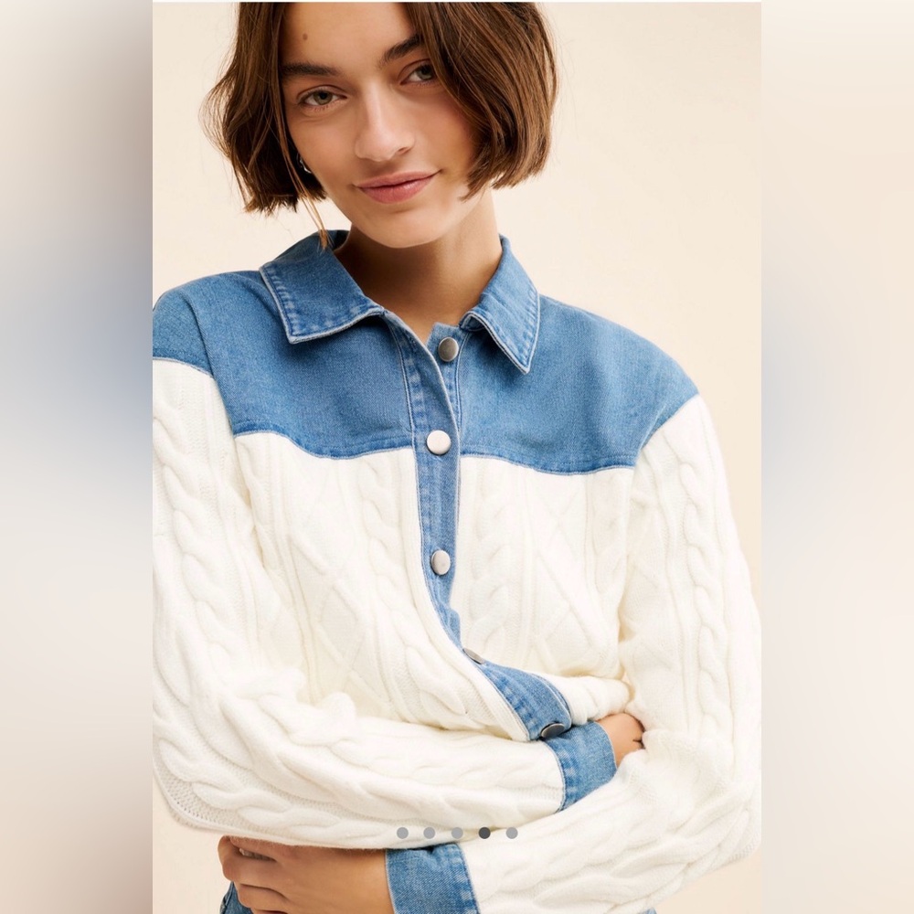 Anthropologie Dolan Denim White Cable And Denim Mix Cardigan Small